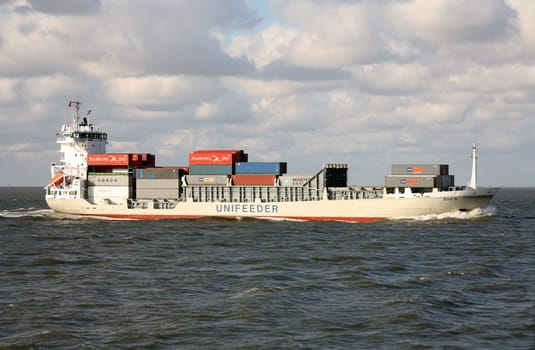 Container freighter in the North Sea off Cuxhaven