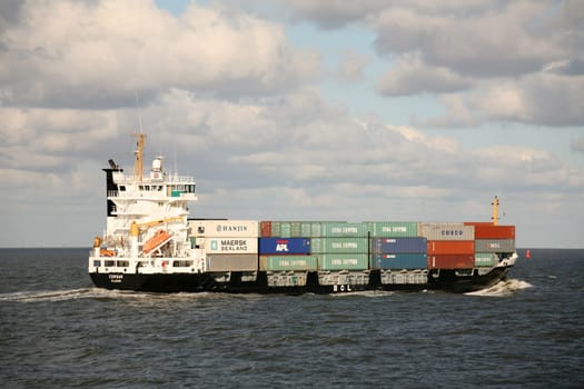 Container freighter in the North Sea off Cuxhaven
