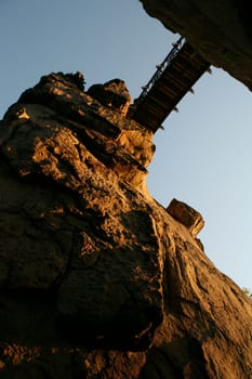 The imposing rocks of the Externsteine in Lipperland. View of the bridge between rocks 2 and 3 from below.