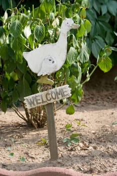 A small wooden duck that welcomes you to the garden.