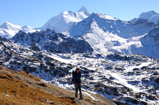 Hike in the high mountains,view of the Weisshorn summit,Valais,Switzerland