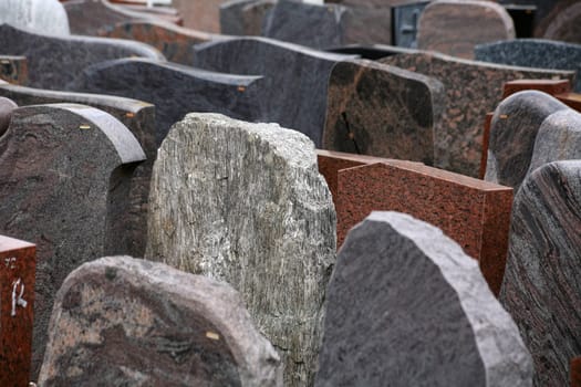 Still uninscribed gravestones in a stonemason's workshop