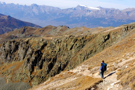 Hiking in the high mountains Valais Switzerland