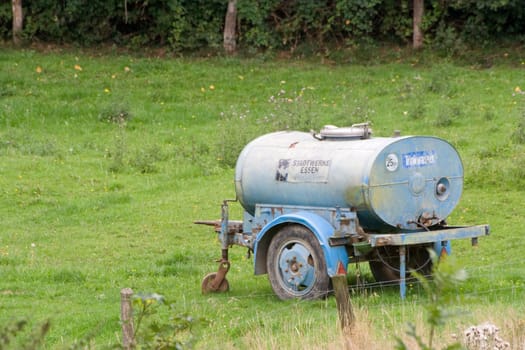 A discarded fresh water trailer is now used on a cattle pasture. His best days are behind him.
