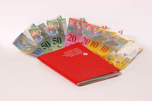 Swiss passport with banknotes