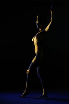 Woman,Bodypainting,Painted,Blue,Yellow,Gold,Sun,Ray,Rays,Body,Nude,Nude,Breast,Body Painting,Painted,Color,Torso,Sculpture,Statue,Art,Calendar,Static,Abstract,Figure