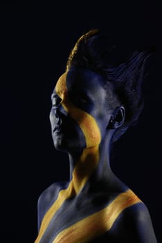 Woman,Bodypainting,Painted,Blue,Yellow,Gold,Sun,Ray,Hair,Detail,Nude,Nude,Body Painting,Painted,Color,Face,Head,Portrait,Art,Calendar,Static,Abstract