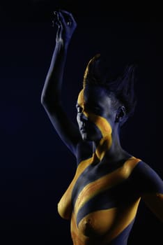 Woman,Bodypainting,Painted,Blue,Yellow,Gold,Sun,Ray,Hair,Detail,Nude,Nude,Breast,Body Painting,Painted,Color,Face,Head,Portrait,Art,Calendar,Static,Abstract