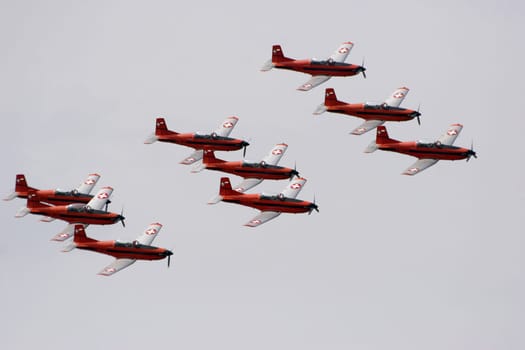 Flight Formation PC-7 Team  After initial beginnings in 1987,the PC-7 Team was founded on the occasion of the 75th anniversary of the Swiss Air Force. It consists of 9 PC-7 aircraft and can be seen mainly in Switzerland and nearby countries. In the