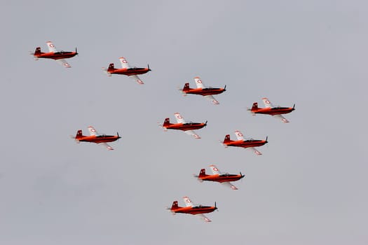 PC-7 Team  After initial beginnings in 1987,the PC-7 Team was founded on the occasion of the 75th anniversary of the Swiss Air Force. It consists of 9 PC-7 aircraft and can be seen mainly in Switzerland and nearby countries. Last years