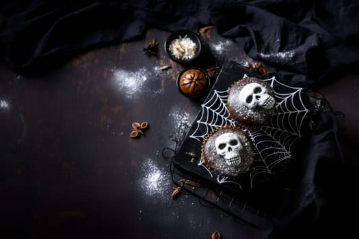 Chocolate muffins with candy skulls and spider web frosting on a cutting board lie on the right on a dark concrete background with a kitchen napkin and copy space on the left, flat lay close-up.