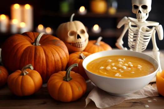 One bowl of pumpkin soup with a skeleton, pumpkins and burning candles lies on a wooden table in the kitchen with a blurred background, close-up side view.