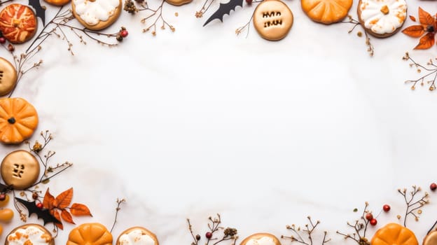 Festive Halloween pumpkin cookies with eared twigs and spiders lie in an oval frame on a white marble table with copy space in the center, flat lay close-up.