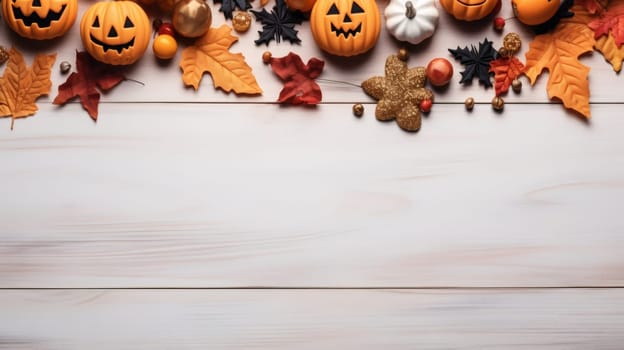 Festive Halloween pumpkin cookies with autumn colorful foliage lie framed on top on a white wooden table with copy space below, flat lay close-up.