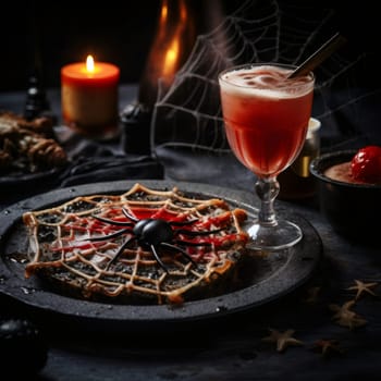 One spoiled pie with a spider in an iron plate and a glass of red poisonous drink in an old glass and a burning candle lie on a table in a dark room, close-up side view.