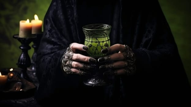 One unrecognizable female witch in a black robe holds a vintage glass with a green poisonous drink in her hand while standing in a dark room with burning candles on the table, close-up side view.