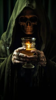 One man sorcerer in a skeleton mask, a green robe with a hood holds in his hands a vintage glass with a candle burning in it, standing in a dark room and looking ominously at the camera, side view close-up.