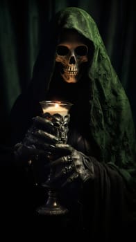 One male sorcerer in a skull mask, a green robe with a hood holds in iron hands an ancient glass with a candle burning in it, stands in a dark room and ominously looks at the camera, close-up side view.