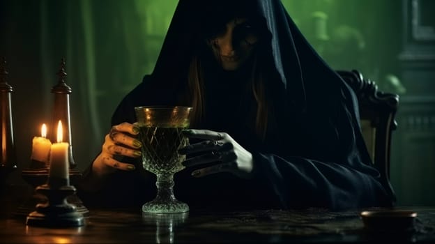 One young female witch in black clothes with a hat on her head holds a vintage glass with a poisonous drink, sitting at a table with burning candles at night, close-up side view.