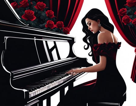 A beautiful girl plays the piano surrounded by roses. High quality illustration