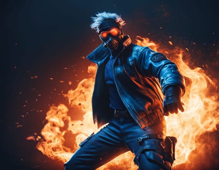 An epic character in the background of an explosion. A man in blue sunglasses with fire lighting up, in the style of aggressive digital illustration, strong facial expression