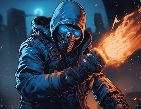 An epic character in the background of an explosion. A man in blue sunglasses with fire lighting up, in the style of aggressive digital illustration, strong facial expression