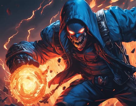 An epic character in the background of an explosion. A man in blue sunglasses with fire lighting up, in the style of aggressive digital illustration, strong facial expression