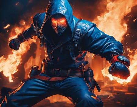 An epic character in the background of an explosion. A man in blue sunglasses with fire lighting up, in the style of aggressive digital illustration, strong facial expression