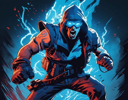 An epic character in the background of an explosion. A man in blue sunglasses with fire lighting up, in the style of aggressive digital illustration, strong facial expression