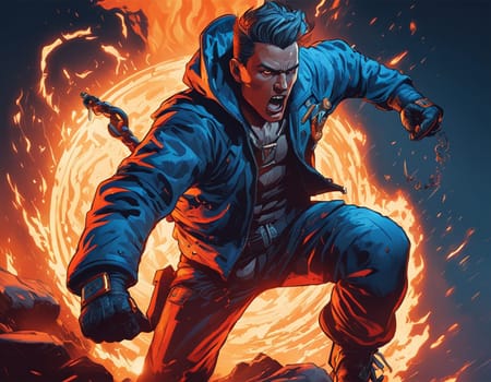 An epic character in the background of an explosion. A man in blue sunglasses with fire lighting up, in the style of aggressive digital illustration, strong facial expression