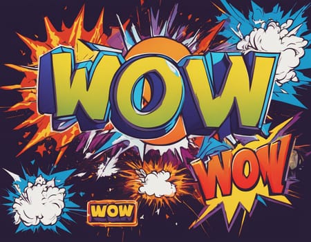 Cartoon sign of burst clouds with the word WOW. High quality illustration