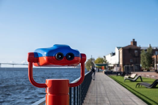 St. Petersburg, St. Petersburg, Russia. - October 06, 2023. Binoscope on the embankment of public space. Selective focus.