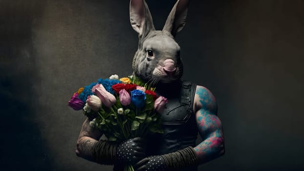 caucasian masculine man with rabbit head holding bouquet of tulip flowers, neural network generated art. Digitally generated image. Not based on any actual person, scene or pattern.