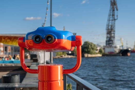 St. Petersburg, St. Petersburg, Russia. - October 06, 2023. Binoscope on the embankment of public space. Selective focus.