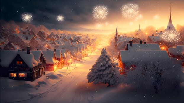 village covered in heavy snow under the light of orange street lights with fireworks, neural network generated art. Digitally generated image. Not based on any actual scene.