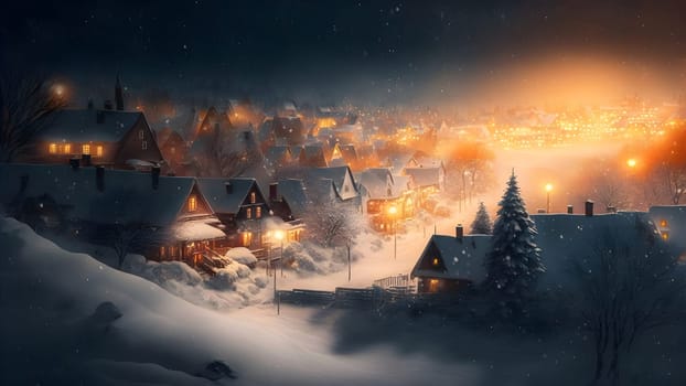 village covered in heavy snow under the light of orange street lights, neural network generated art. Digitally generated image. Not based on any actual scene.
