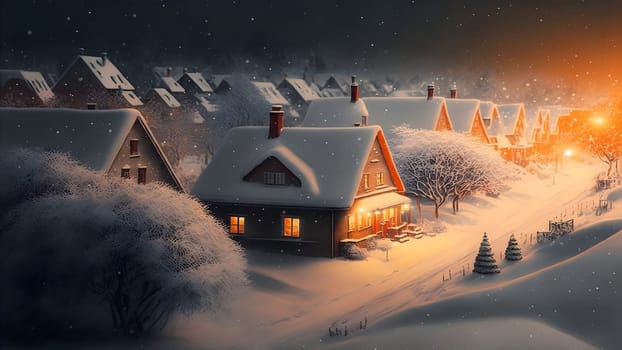 village covered in heavy snow under the light of orange street lights, neural network generated art. Digitally generated image. Not based on any actual scene.