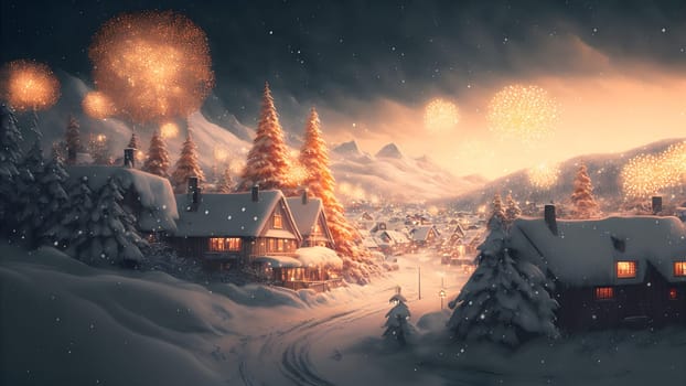village covered in heavy snow under the light of orange street lights with fireworks, neural network generated art. Digitally generated image. Not based on any actual scene.