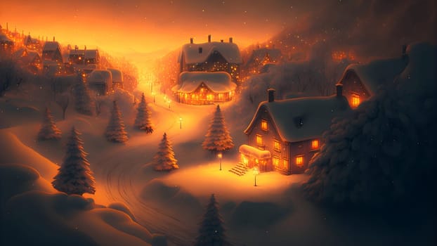village covered in heavy snow under the light of orange street lights, neural network generated art. Digitally generated image. Not based on any actual scene.