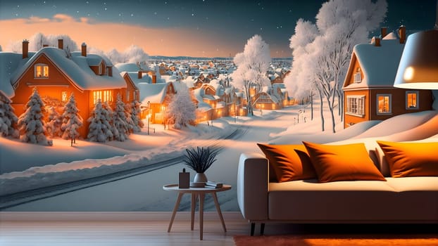 village covered in snow under the light of orange street wall painting in interior near sofa and small table, neural network generated art. Digitally generated image. Not based on any actual scene.