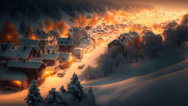 village covered in heavy snow under the light of orange street lights, neural network generated art. Digitally generated image. Not based on any actual scene.