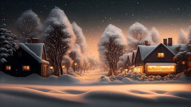 village covered in heavy snow under the light of orange street lights, neural network generated art. Digitally generated image. Not based on any actual scene.