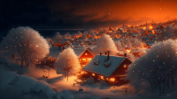 village covered in heavy snow under the light of orange street lights, neural network generated art. Digitally generated image. Not based on any actual scene.