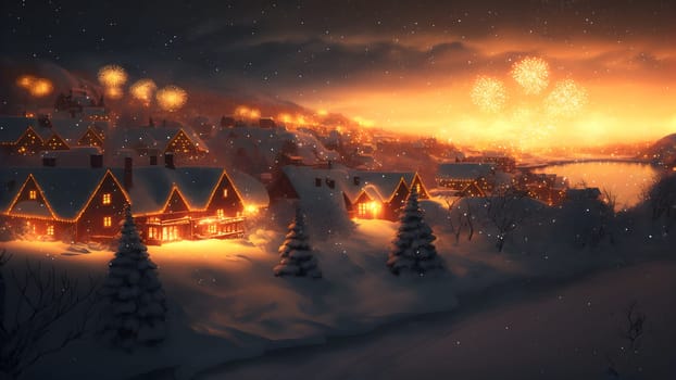 village covered in heavy snow under the light of orange street lights with fireworks, neural network generated art. Digitally generated image. Not based on any actual scene.
