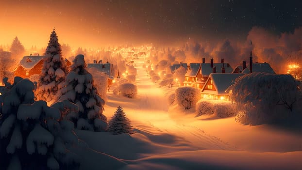 village covered in heavy snow under the light of orange street lights, neural network generated art. Digitally generated image. Not based on any actual scene.