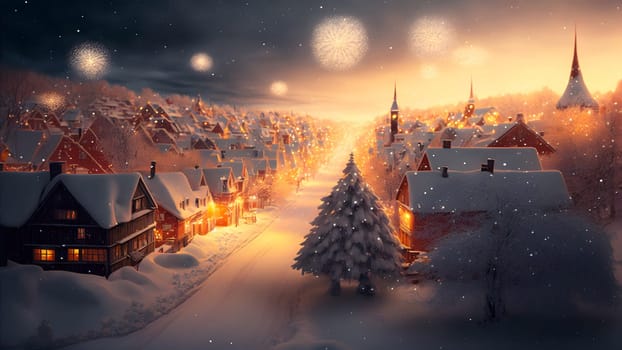 village covered in heavy snow under the light of orange street lights with fireworks, neural network generated art. Digitally generated image. Not based on any actual scene.