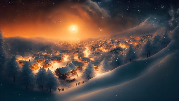 village covered in heavy snow under the light of orange street lights, neural network generated art. Digitally generated image. Not based on any actual scene.