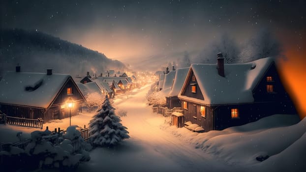 village covered in heavy snow under the light of orange street lights, neural network generated art. Digitally generated image. Not based on any actual scene.