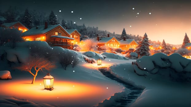 village covered in heavy snow under the light of orange street lights, neural network generated art. Digitally generated image. Not based on any actual scene.