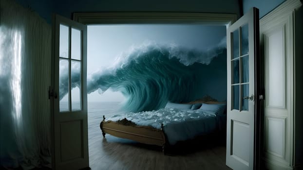 generic empty bedroom with white double bed with ocean wave is about to cover it, neural network generated art. Digitally generated image. Not based on any actual scene.